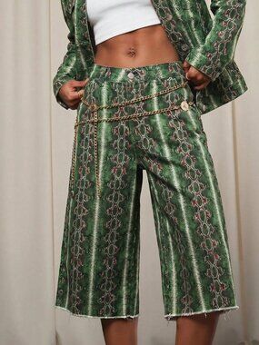 Green Casual Women's Baggy Zipper Fly Loose Capri Wide Leg Jeans